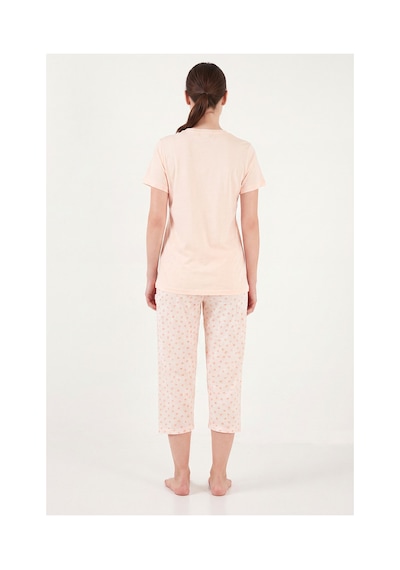 Lela Desenli Pamuklu Bisiklet Yaka Kaprili Pijama Takımı Bayan Pijama Takımı 65790787 Turuncu