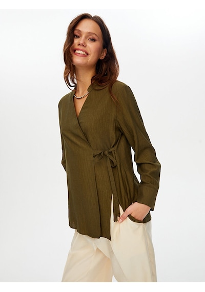 Faik Sönmez Beli Bağcıklı Kendinden Dokulu Kaçık Yaka Tunik W26tnk003 Uw26tnk00354 Haki