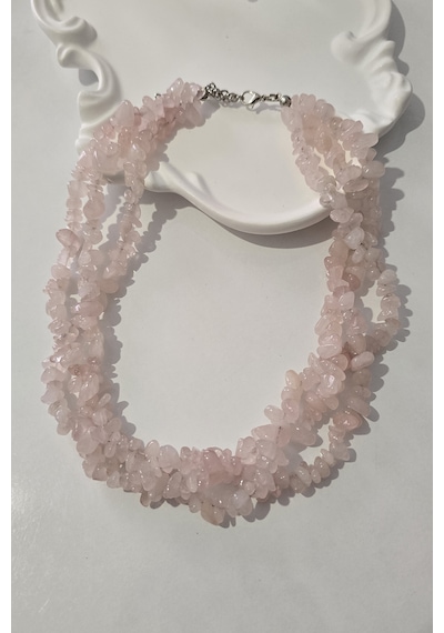 Sertifikalı Pembe Kuvars Kırıktaş Doğaltaş Kolye 3 Sıra 154 - Pembe