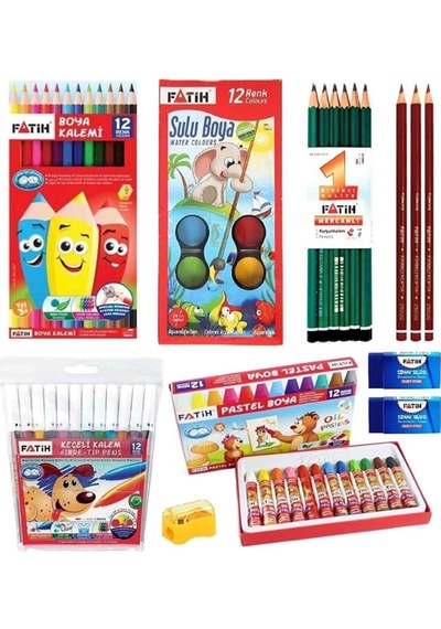 Fatih 12'li Kuruboya Suluboya Pastelboya Keçelikalem Kurşun Kalem 3 Adet Kırmızı K 2 Adet Silgi