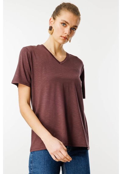 Kadın V Yaka Flamlı Kumaş Basic Tshirt Kahve Kahve