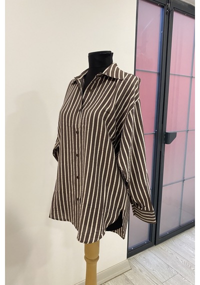 Pera Moda Oversize Çizgili Modal Gömlek Kahverengi