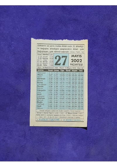 27 Mayıs 2002 Takvim Yaprağı - Nostalji Koleksiyonluk Takvim Yaprağı A