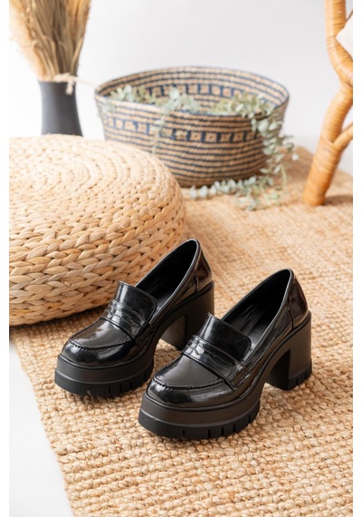 Asmi Shoes Kadın Tokasız 8 Cm Loafer Model Topuklu Ayakkabı Siyah Rugan Siyah