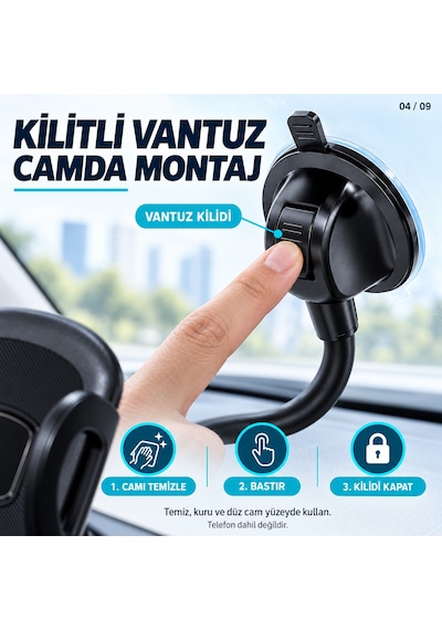 Dexxony Hp-a03 Vantuzlu Araç İçi Telefon Tutucu 20 Cm Bükülebilir Kol Cam Ve Torpido Destek Ayaklı Centilmen Siyah