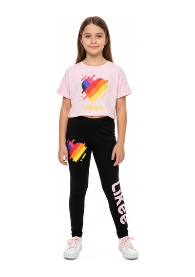 Toontoy Kids Toontoy Kız Çocuk Bisiklet Yaka Kısa Kollu Baskılı Crop Tişört - Beli Lastikli Basklı Tayt 11050 Pembe