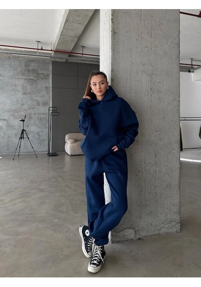 Kazax 3 İplik Şardonlu Kapşonlu Sweatshirt Lacivert P510436 Lacivert