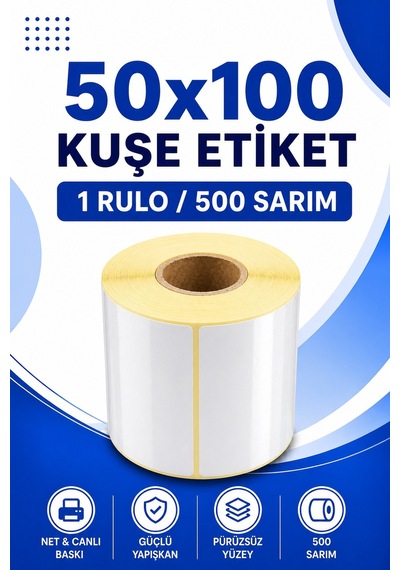 50x100mm Kuşe Etiket 1 Rulo 500 Sarım Ribonsuz Kargo, Lojistik, Depo Yapışkanlı