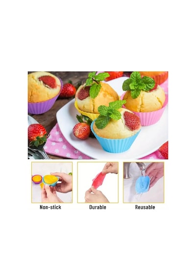 12 Adet Silikon Tekrar Kullanılabilir Muffin, Kek, Cupcake Kalıbı Kalıpları Çok Renkli
