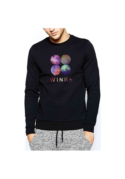 Bts Wings K Pop Baskılı Siyah Erkek Örme Sweatshirt