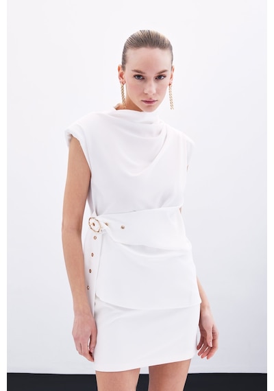 Sateen Kemerli Kolsuz Bluz - Ekru-135776 Ekru