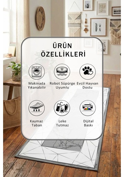 Moliva Gri Dijital Baskılı Kaymaz Yıkanabilir Yolluk