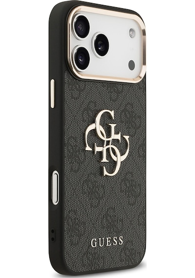 Apple Uyumlu iPhone 17 Pro Max Kılıf Guess Lisanslı Gold Metal Kamera Çerçeveli Metal Büyük 4g Yazı Logolu Siyah
