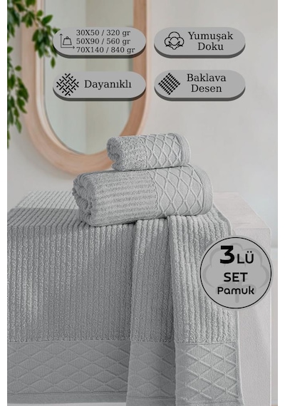 Cumba %100 Pamuk 3 Lü Havlu Takımı - 30x50, 50x90, 70x140 Gri