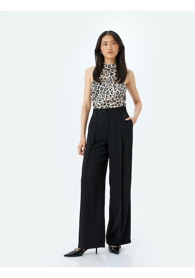 Koton Saten Kolsuz Halter Yaka Leopar Bluz Bej Desenli 5sak60003fw Ekru