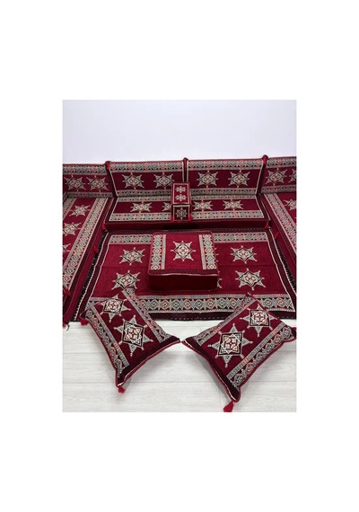 Yıldız Modeli Bordo Otantik Şark Köşesi Takımı U Set - Yer Minderi Seti 10 Cm Minder Kalınlığı 18 Parça