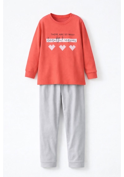 Genç Kız Çocuk Pamuklu Desenli Pijama Takımı 8412 Mercan02 Mercan02