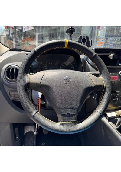 Dikişli Direksiyon Kılıfı Siyah Deri Noktalı Deri Sarı Yüzük Sarı Dikişli Peugeot Bipper İçin Renkli