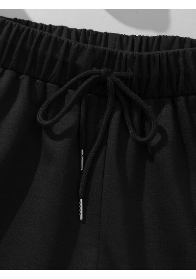 Letter Graphic Drawstring Waist Şort Siyah