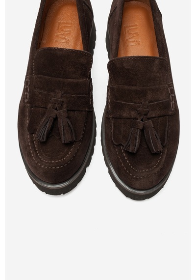 Luvi Shoes Poen Kahverengi Süet Hakiki Deri Püsküllü Kadın Loafer Ayakkabı