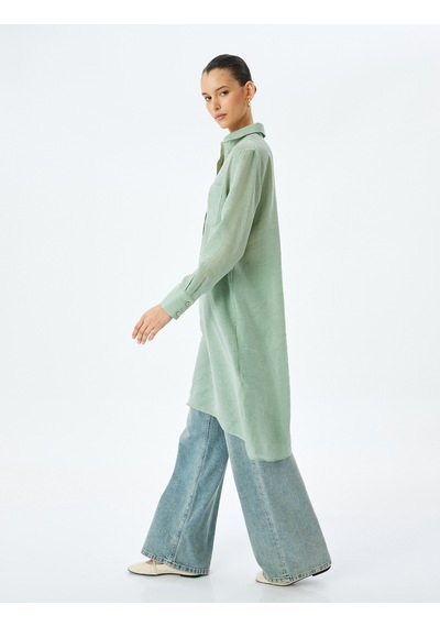Koton Cepli Düğmeli Gömlek Yaka Keten Karışımlı Uzun Oversize Tunik Yeşil 5sak60170uw Yeşil
