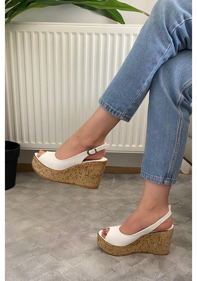Asmi Shoes Kadın Fenni 10 Cm Dolgu Topuklu Mantar Taban Ayakkabı Beyaz