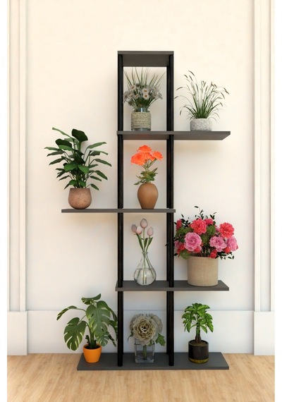 5 Raflı Dekoratif Bitki Standı Sökülebilir Kolay Kurulum Saksı Rafı Salon Balkon Çiçeklik Organizer Antrasit