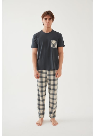 Erkek Pamuklu Üst Füme Göğüs Cepli Kısa Kollu Pijama Takımı Ke30304 Yeşil