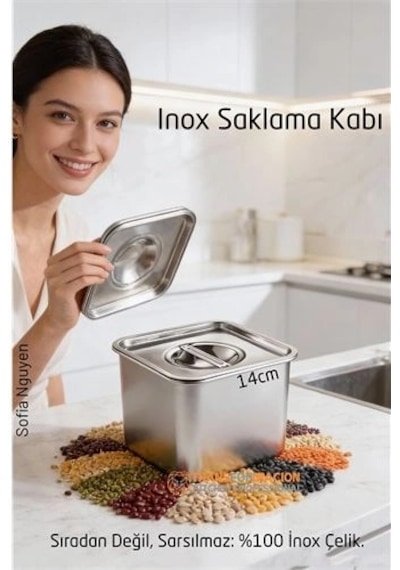 Premium Inox Saklama Kabı - Hava Sızdırmaz Mutfak Düzenleyici 14x11 Cm 304 Paslanmaz Çelik Açık Beyaz