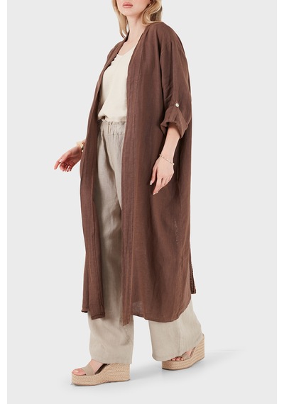 Via Dante % 100 Keten Dantel Ve Brode İşleme Detaylı Kimono Bayan Kimono 7183609 Kahve
