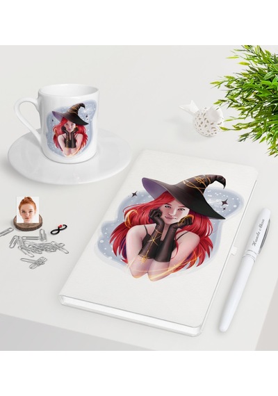 Kişiye Özel Bayan Cadı Karikatürlü Beyaz Defter Kalem Türk Kahves N11.20540