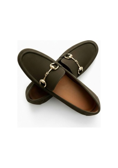 Ne&ve Shoes Haki Süet Hakiki Deri Gold Zincir Aksesuarlı Kadın Loafer Ayakkabı