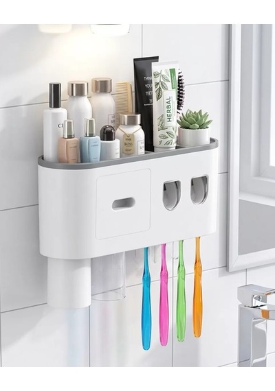 Northcity Çift Dispenserli Banyo Organizer - Diş Fırçası Tutucu Raflı Çekmeceli Beyaz