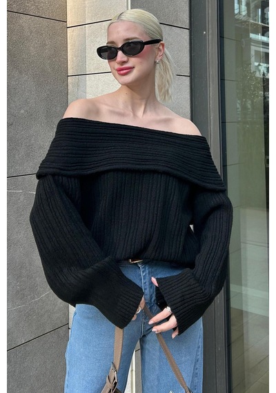 Madmext Siyah Madonna Yaka Kadın Kazak Mg2274 Siyah