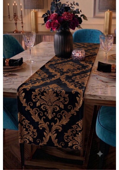 Premium Masa Runner Dijital Baskılı Soyut Desenli Dekoratif Salon Mutfak Yemek Masası Runner Örtüsü 45x140 Cm Siyah