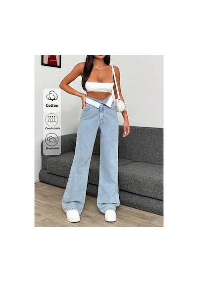 Kene Jeans Yüksek Bel Kemer Yakalı Bol Paça Jeans Mavi