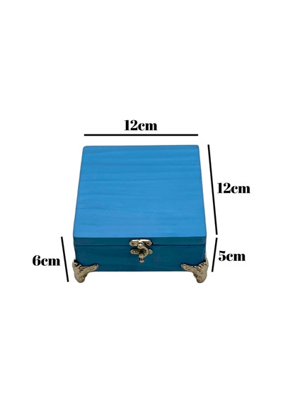Doğal Ahşap Takı Kutusu Ahşap Saklama Kutusu Beyaz Çam Mavi Boy:12cm En:12cm Yük:6cm