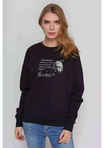 Albert Einstein E=Mc2 Baskılı Siyah Kadın Sweashirt