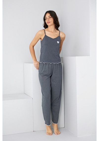 Siyah İnci İp Askılı Örme Pijama Takım 7883 Antrasit