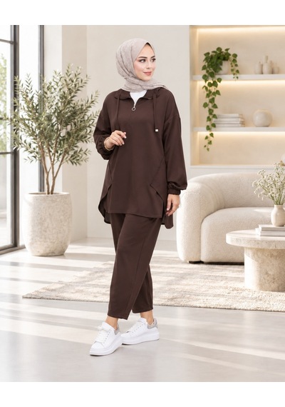 Unika Boutique Kadın Yarım Fermuar Detay İkili Salaş Takım Kahverengi