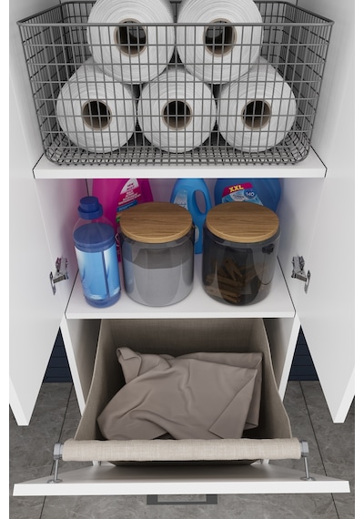 Modern Çamaşır Sepetli Çok Amaçlı Banyo Dolabı %100 Mdf Banyo Düzenleyici Dolap Bd06 Beyaz