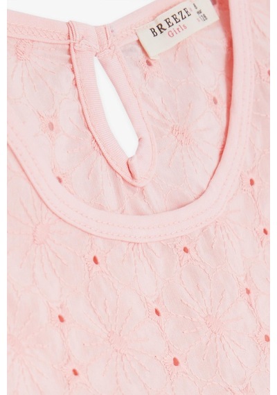 Breeze Kız Çocuk Tişört Fırfırlı Nakışlı 4-8 Yaş, Pembe-Pembe
