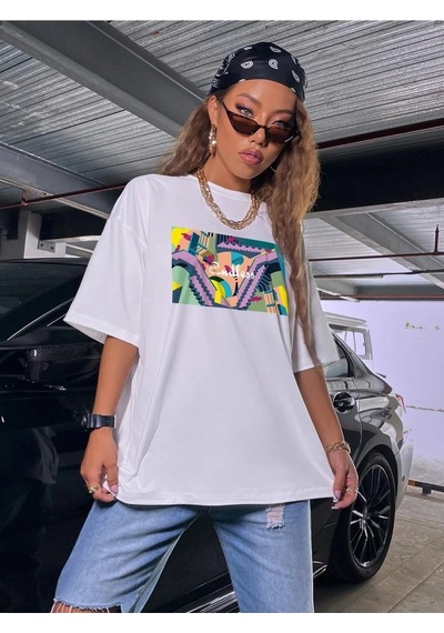 Startmore Kadın Siyah Oversize %100 Pamuk Endless Baskılı T-shirt Beyaz