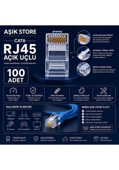 Cat6 Rj45 8p8c Ethernet Konnektör 100 Adet