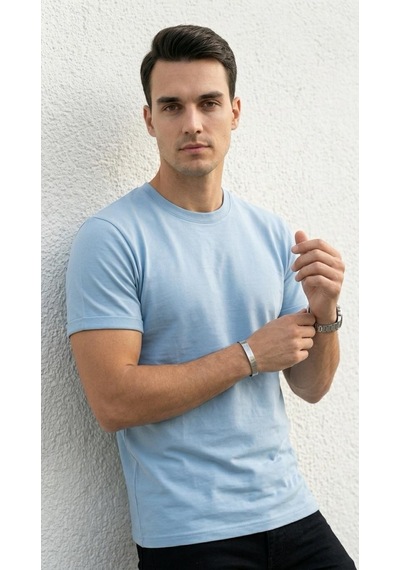 Plus Scorpion T02 Kol Katlama Erkek Slim Fit Basic Tişört Bisiklet Yaka, Düz Kumaş, Yazlık Model Mavi