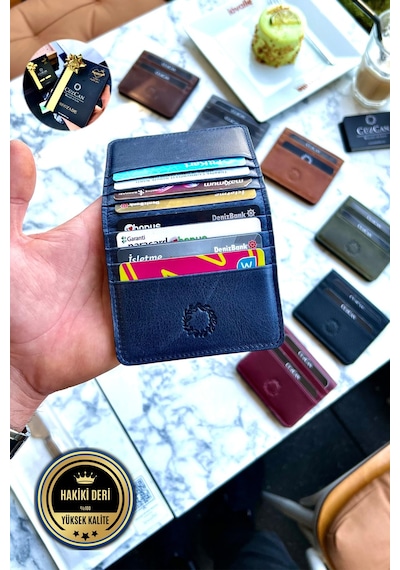 Rixe Antik Lacivert Unisex Hakiki Deri Kartlık Cüzdan Ultra Ince Kişiye Özel Isim Baskılı Lacivert