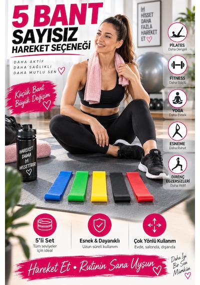 5'li Egzersiz Direnç Bandı Seti Pilates Fitness Yoga Spor Lastiği Evde Antrenman & Egzersiz Ekipmanı Çok Renkli