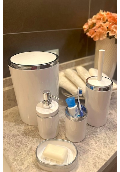 Makri Home Banyo Seti 5'li, Yuvarlak, Akrilik-çöp Kovası, Wc Fırçalık, Sıvı Sabunluk, Diş Fırçalık, El Sabunluk Beyaz