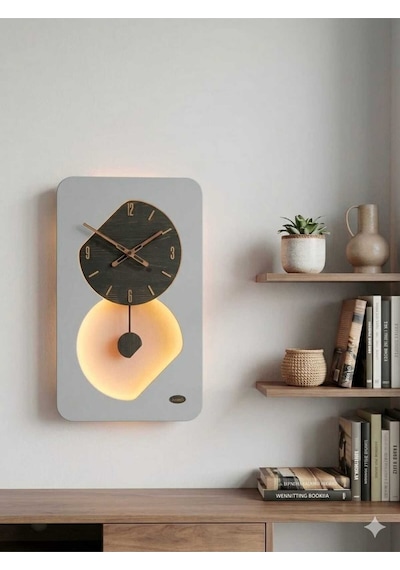Nairobi Ledli Ahşap Salon Duvar Saati Quartz Ultra Sessiz Mekanizma 55 Cm X 34 Cm Gri