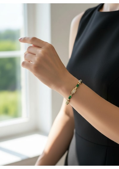 Valmont Accessories Kadın Gold Renk Yeşil Baget Taşlı Geometrik Bileklik